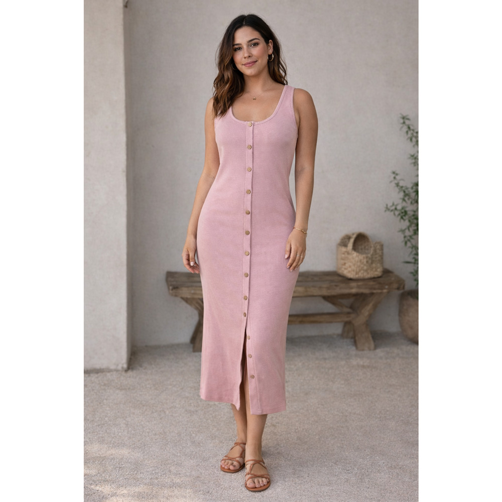 LULUS Look of Leisure Pink Ribbed Button-Front Midi Dress